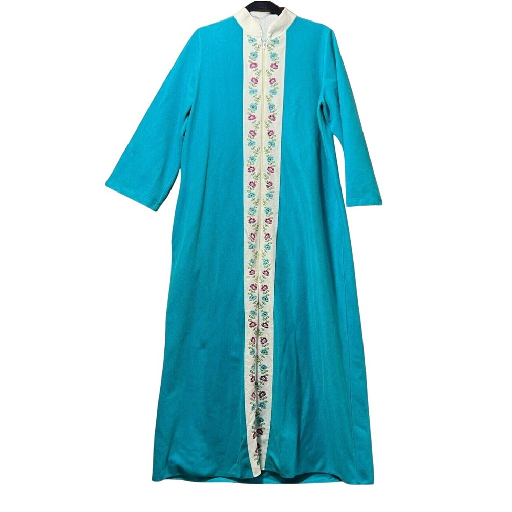 Vintage Sears Teal Blue Floral Embroidered Zip Front Long Day Robe Housecoat